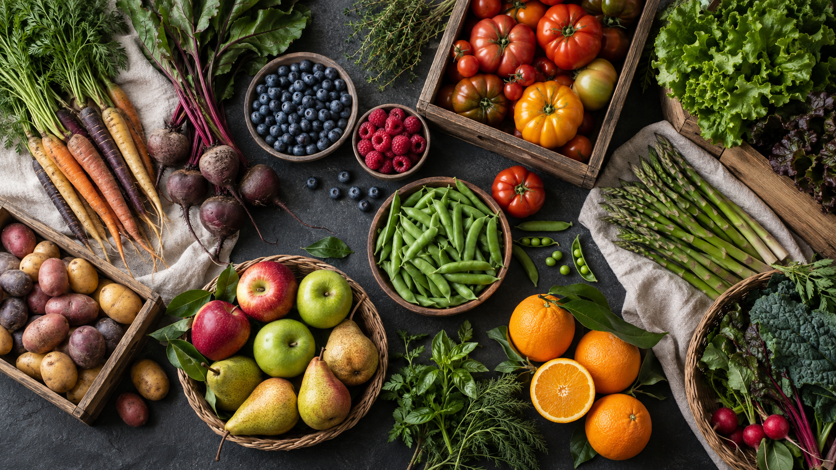 Top-down display of seasonal fresh produce including vegetables, fruit, and leafy greens